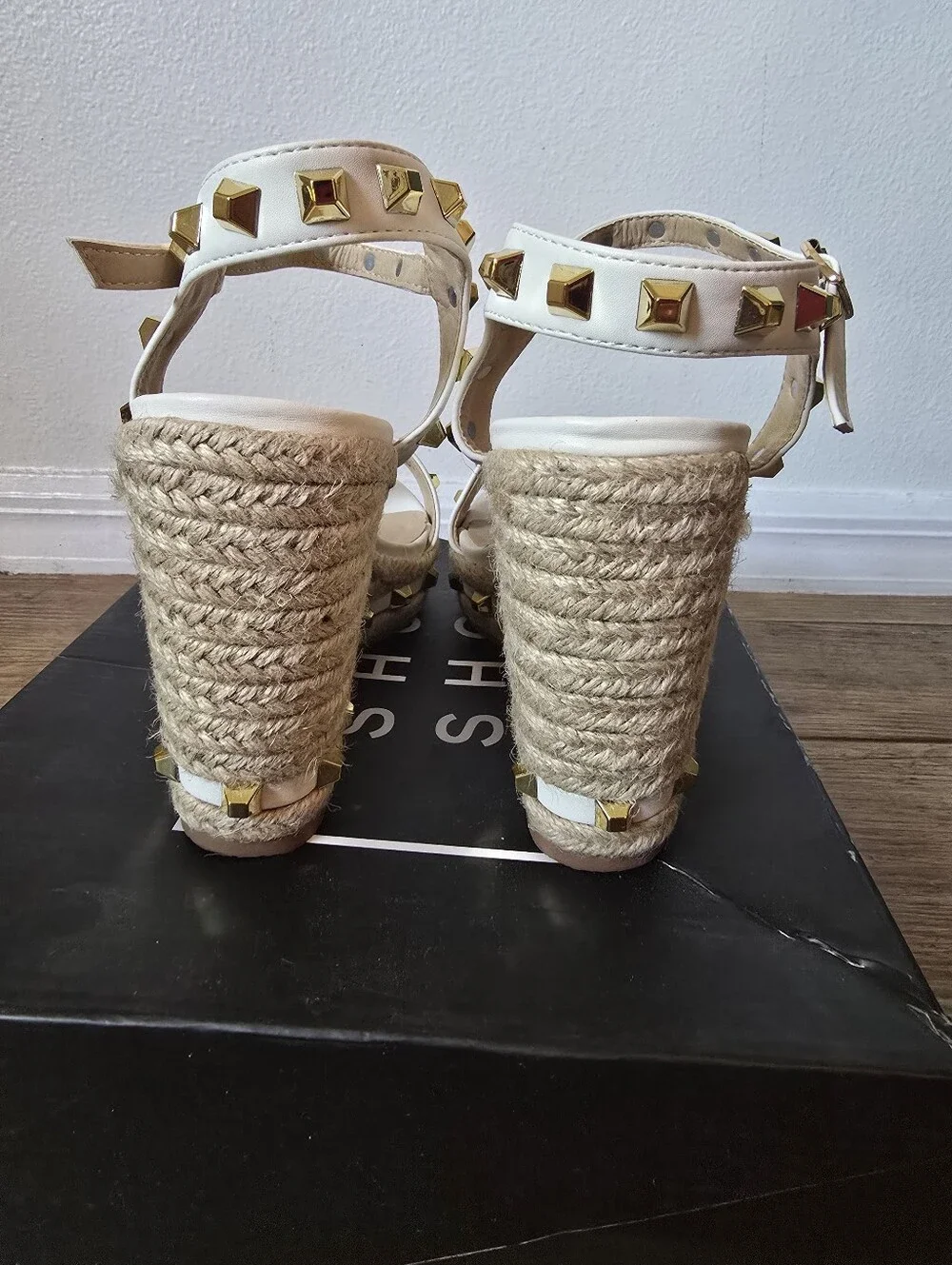 Gold Studded White Espadrille Wedges